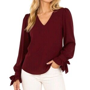 NWT CeCe Claret Red Tie Cuff Ruffle Sleeve Blouse Womens XS V-Neck Long Sleeve